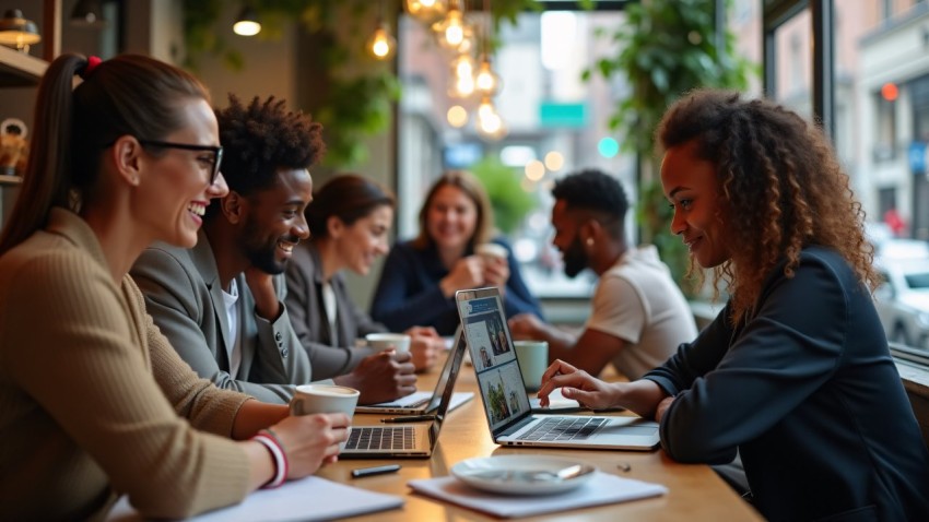 Young Professionals Working Remotely in Trendy Café