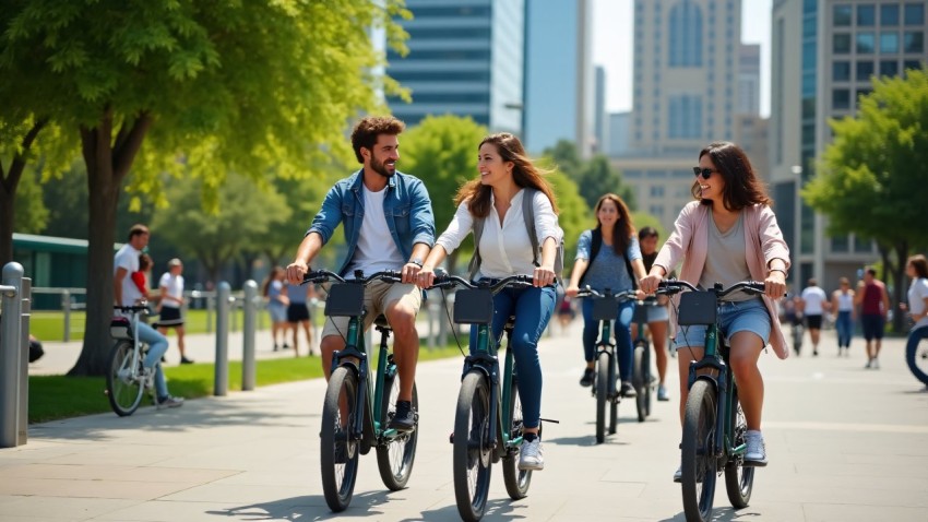 Electric Bikes in Urban Park with Diverse Riders