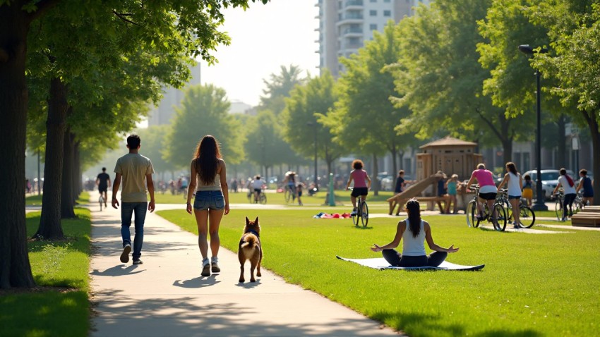 Sustainable Urban Park with Green Spaces and Solar Power