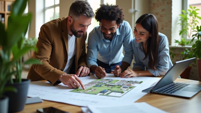 Sustainable Architecture Team Reviewing Eco-Friendly Building Design