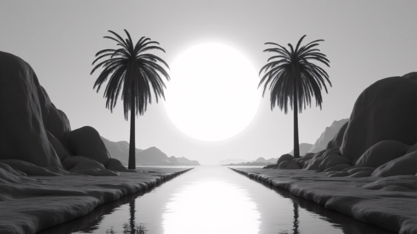 Surreal Monochrome Desert Scene with Palm Trees at Sunset