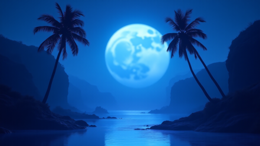 Mystical Blue Night Scene with Palm Trees and Large Moon