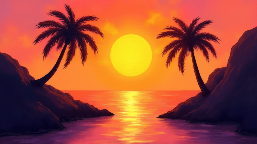 Vibrant Tropical Sunset with Palm Trees and Ocean Reflection