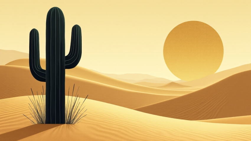 Minimalist Desert  with Cactus and Large Sun