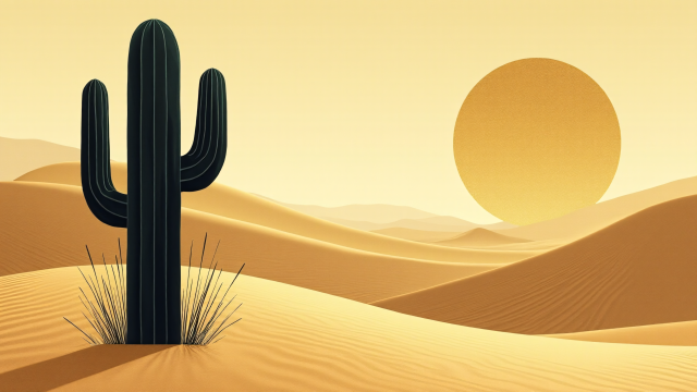 Minimalist Desert with Cactus and Large Sun