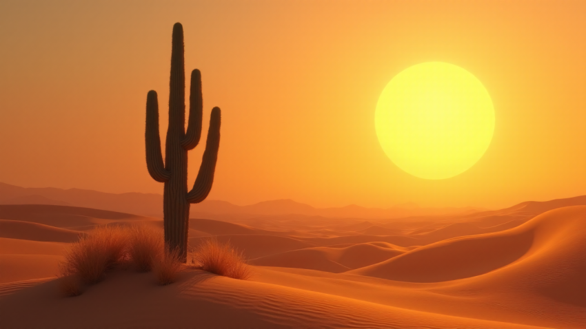 Golden Desert Sunset with Lone Cactus and Rolling Sand Dunes