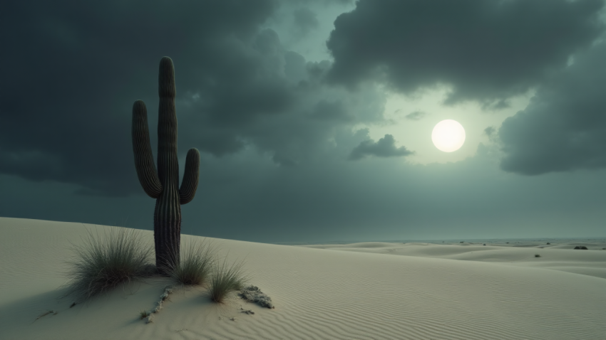 Golden Desert Sunset with Lone Cactus and Rolling Sand Dunes