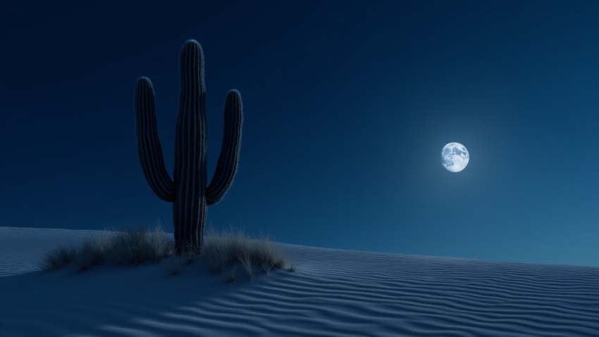 Desert Cactus Under Full Moon in a Night Landscape