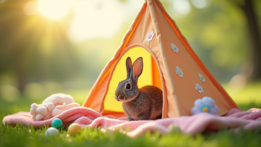 Adorable Bunny in a Tent with Toys on a Sunny Day in the Park