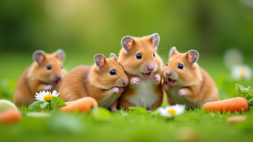 Adorable Group of Hamsters Playing on Grass with Carrots and Flowers