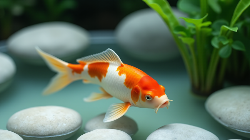 Vibrant Koi Fish Swimming Among White Stones in a Pond