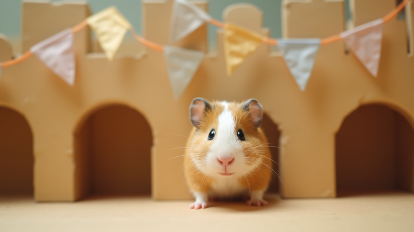 Adorable Guinea Pig in a Playful Castle Setting with Colorful Banners