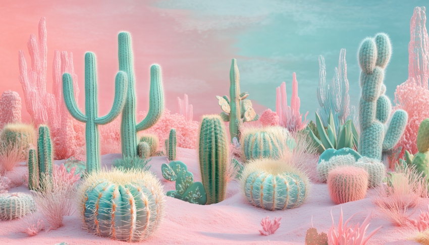 Dreamlike pastel desert landscape with various cacti