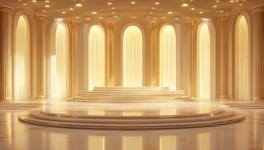 Elegant Gold Stage with Central Podium and Lighting Setup