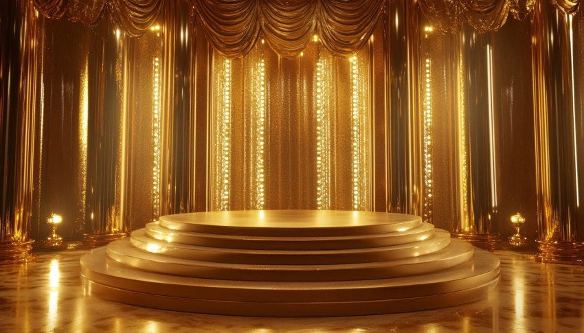 Elegant Gold Stage with Podium and Dramatic Lighting