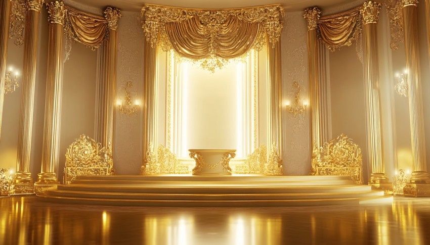 Elegant Gold Stage with Central Podium and Spotlight Illumination