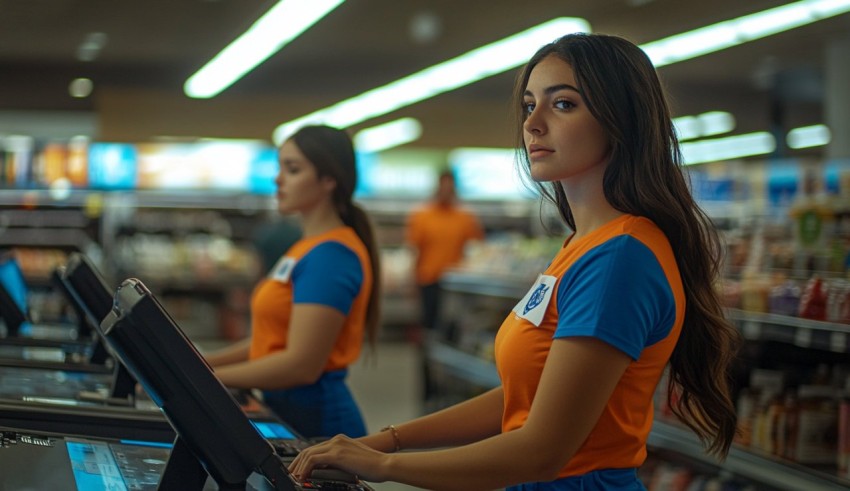 Supermarket Cashiers Wearing Uniforms in Cinematic Photograph