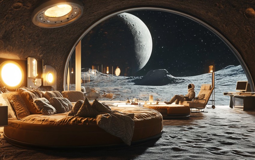 Lunar Base Living Area with Panoramic Lunar View