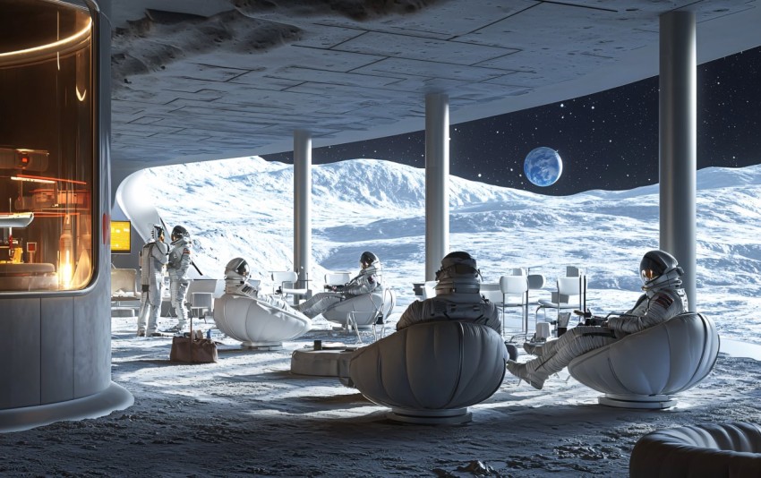 Lunar Base Living Room with Panoramic Views