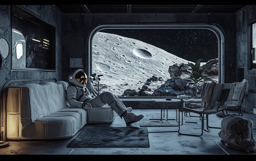 Lunar Base Living Area with Panoramic Moon Views