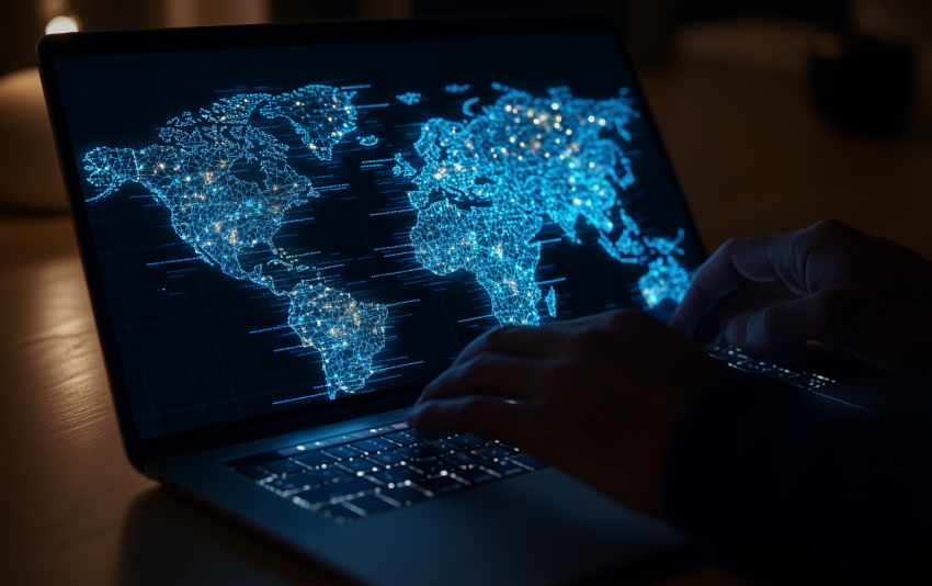 Global Digital Network Map Displayed on Laptop Screen