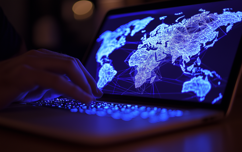 Global Network Map Displayed on Laptop with Blue Illuminated Keyboard