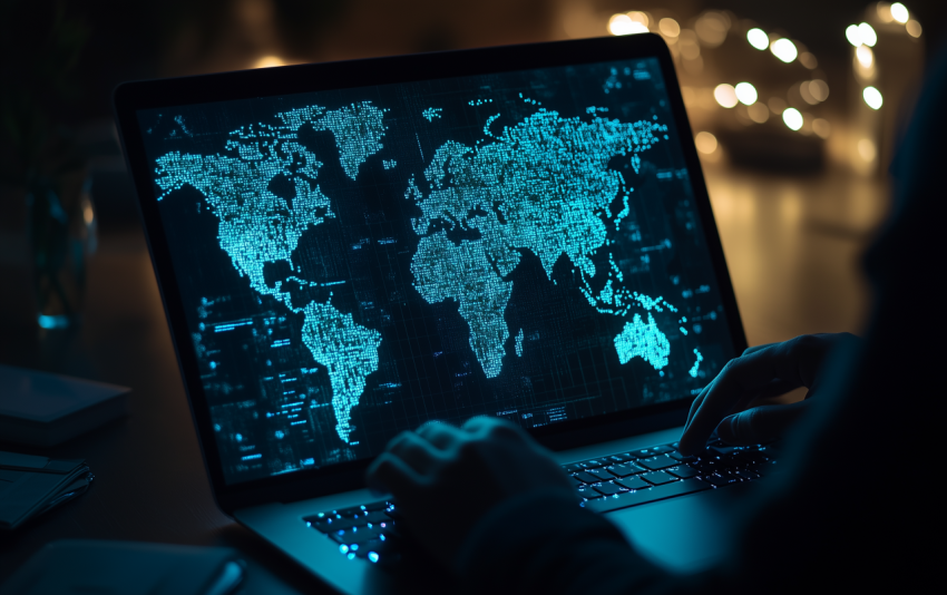 Binary Data World Map on Laptop Screen in Dark Setting