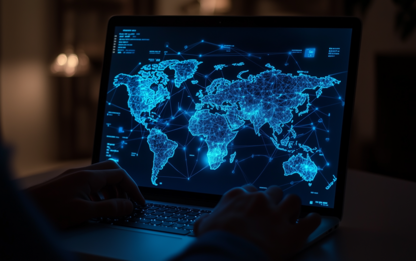 Global Digital Network Map with Real-Time Data Displayed on Laptop Screen