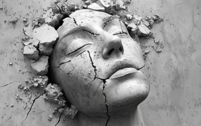 Cracked Stone Face Sculpture Emerging from Wall