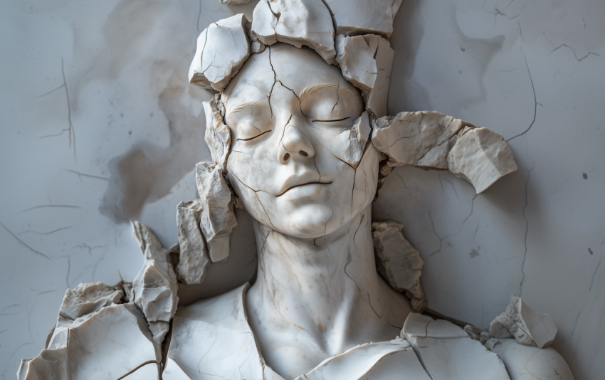 Fragmented Marble Sculpture of Serene Face Emerging from Wall