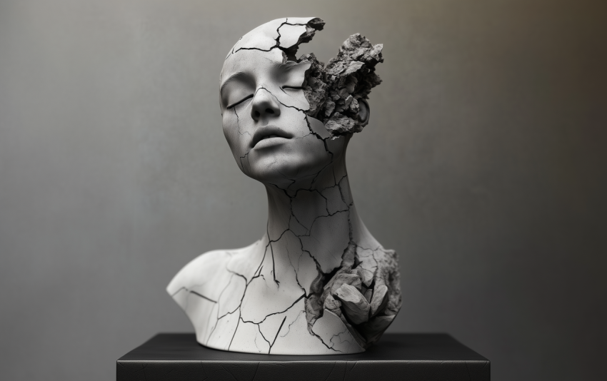 Cracked Marble Sculpture of a Woman’s Head with Fragmented Face