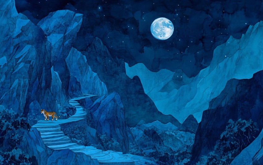 Tiger on a Mountain Path in Moonlit Watercolor