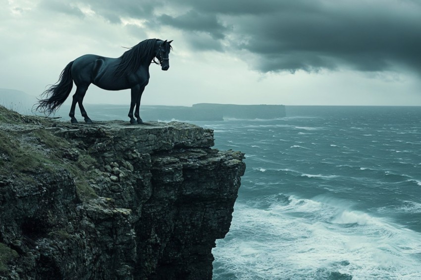 Majestic Black Horse Overlooking Stormy Ocean