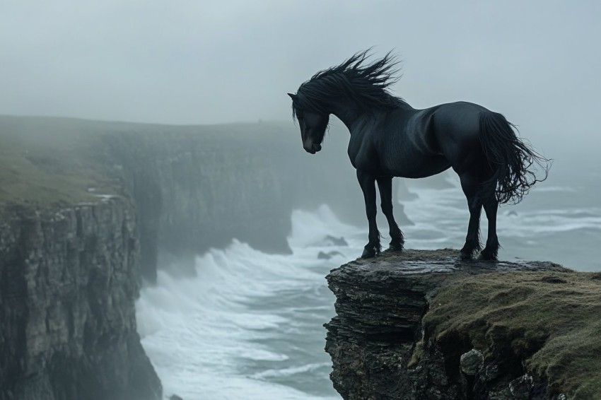 Majestic Black Horse on Stormy Cliffside