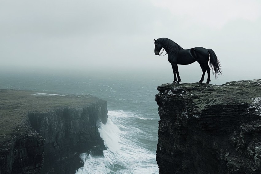 Majestic Black Horse Overlooking Stormy Seas