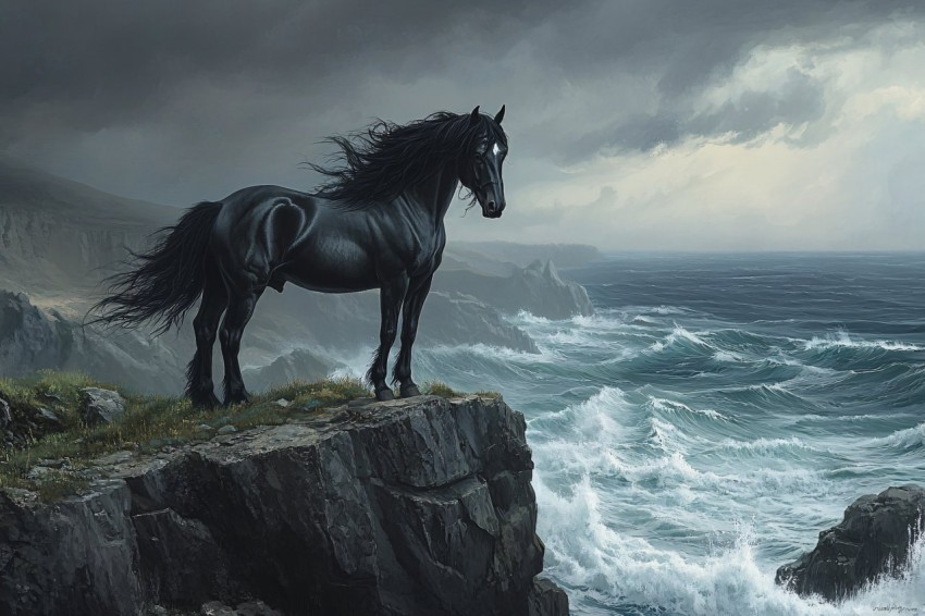 Majestic Black Horse on Windy Ocean Cliff