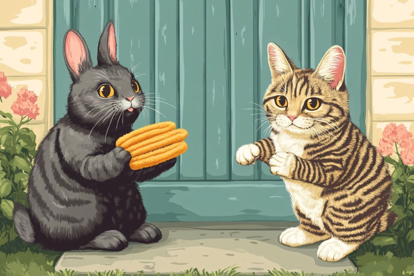 Masked Rabbit and Maine Coon Cat Making Churros