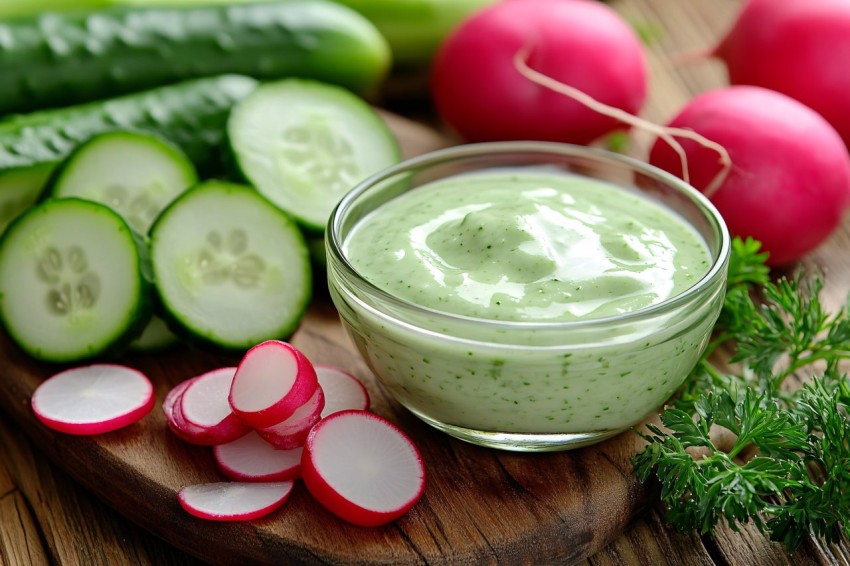 Green Ranch Dressing with Fresh Veggie Garnishes