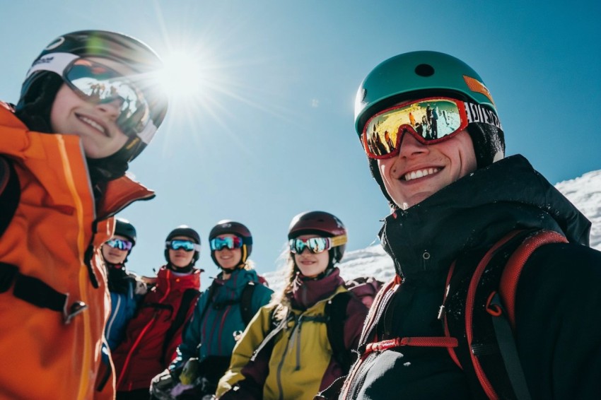 Ski Instructor with Teen Group on Sunny Mountain