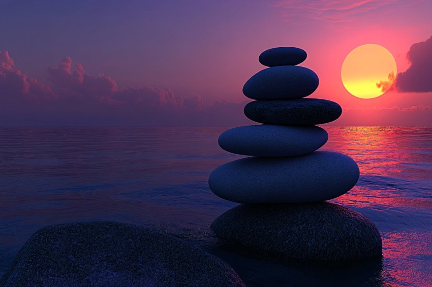 Stacked Stones at Sunset Depicting Tranquility and Balance