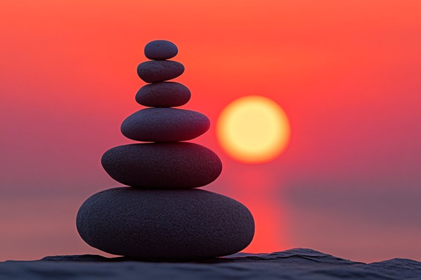 Stacked Smooth Stones at Sunset Over Ocean Horizon