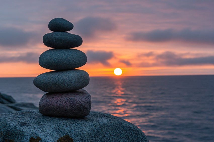 Balanced Stones at Sunset by Ocean