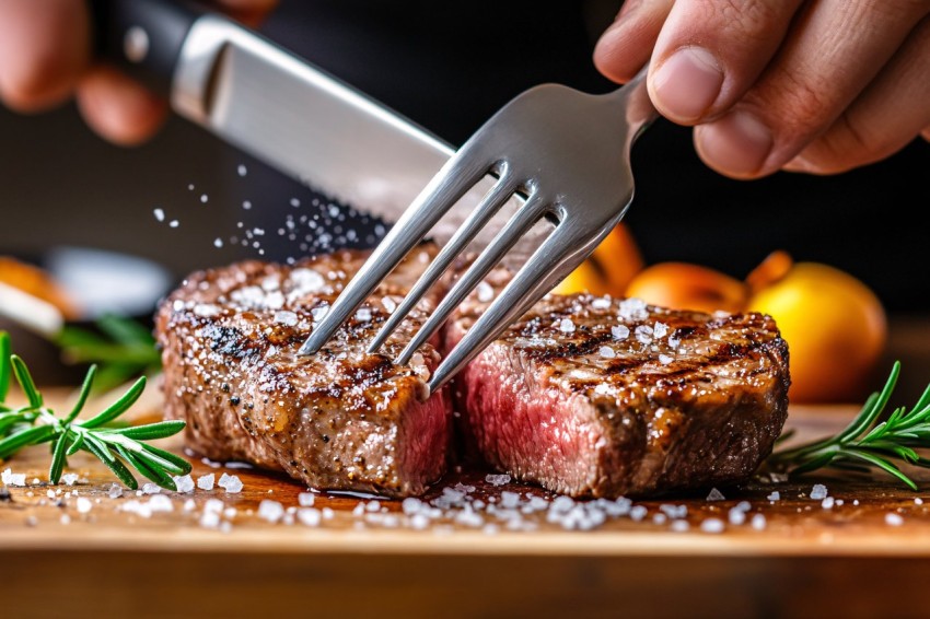 Close-up Cutting Juicy Steak with Knife and Fork