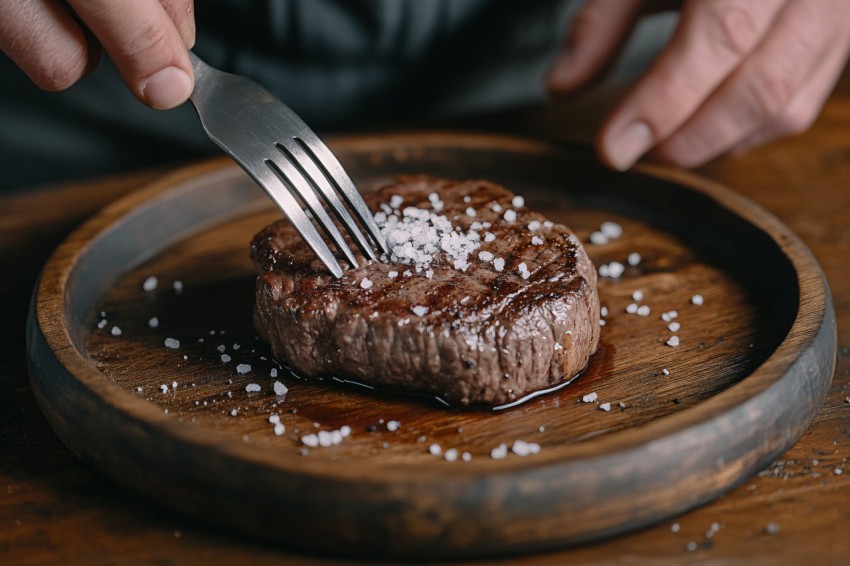 Cutting Juicy Steak on Wooden Tray Close-Up