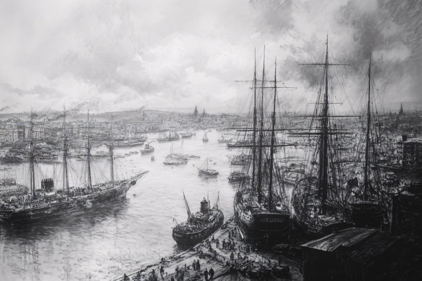 Plymouth Harbour Charcoal Drawing Overcast Day 1899