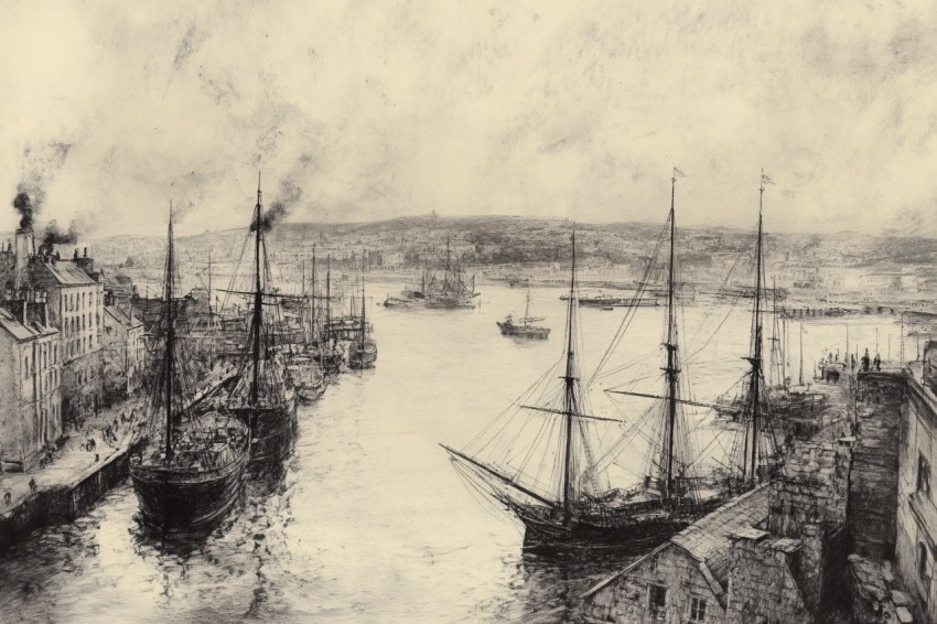 Charcoal Drawing of Plymouth Harbour in 1899 Overcast