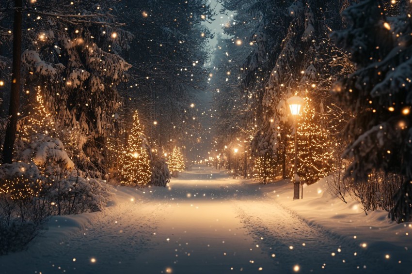 Christmas Snowy Forest Digital Background with Decorations