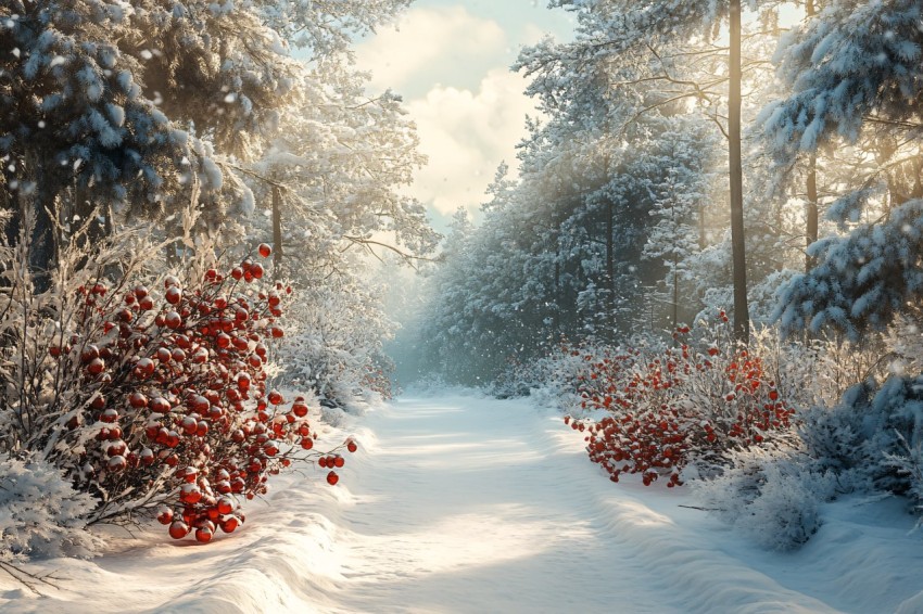 Christmas Snowy Forest Digital Background with Decorations