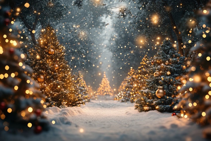 Christmas Snowy Forest Digital Background with Decorations