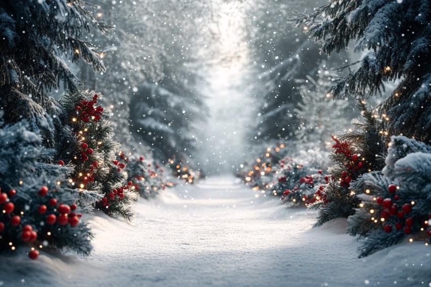 Christmas Snowy Forest Digital Background with Decorations